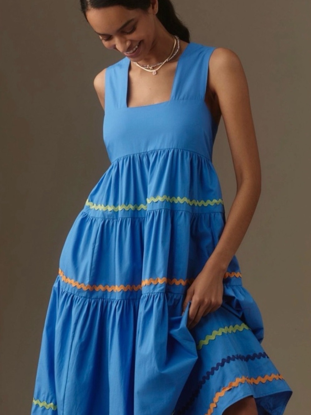 Anthropologie Blue Tiered Maxi Dress with Multicolor Rickrack Trim